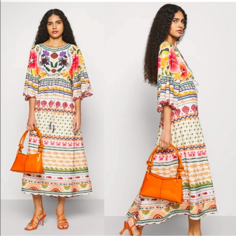 Farm Rio NWT Salt Island Midi Dress Beaded Tropical Tiered 100% Cotton Sz XS